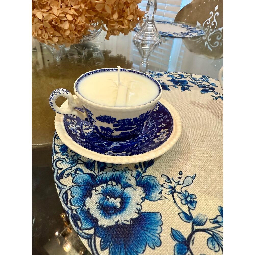 Lemon Bergamot , Sea Breeze Candle in a spode blue and white teacup